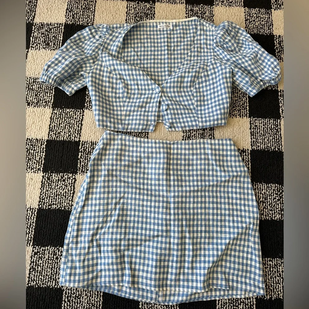 Reformation Ethel Linen Two Piece Azure Check - Size 10